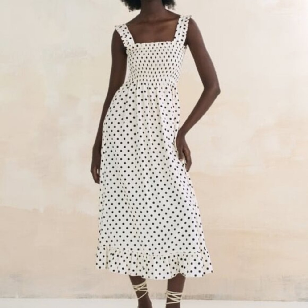 Zara Polka Dot Smocked Midi Dress Cream Black Linen Blend Ruffle Straps Small